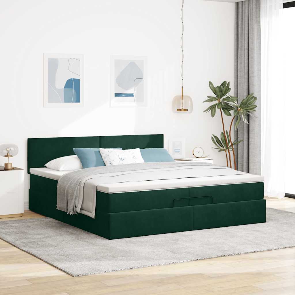 Cadre de lit ottoman avec matelas vert foncé 200x200 cm velours - XIOS