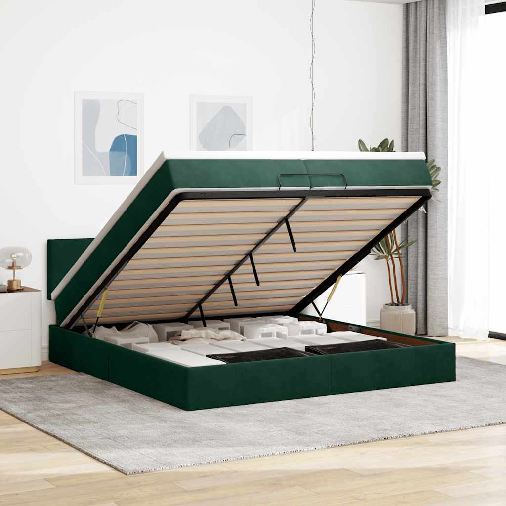 Cadre de lit ottoman avec matelas vert foncé 200x200 cm velours - XIOS