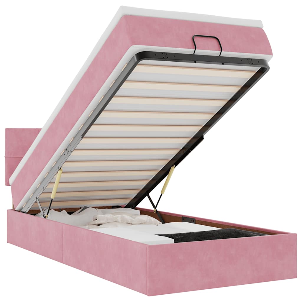 Cadre de lit ottoman avec matelas rose 80x200 cm velours - XIOS