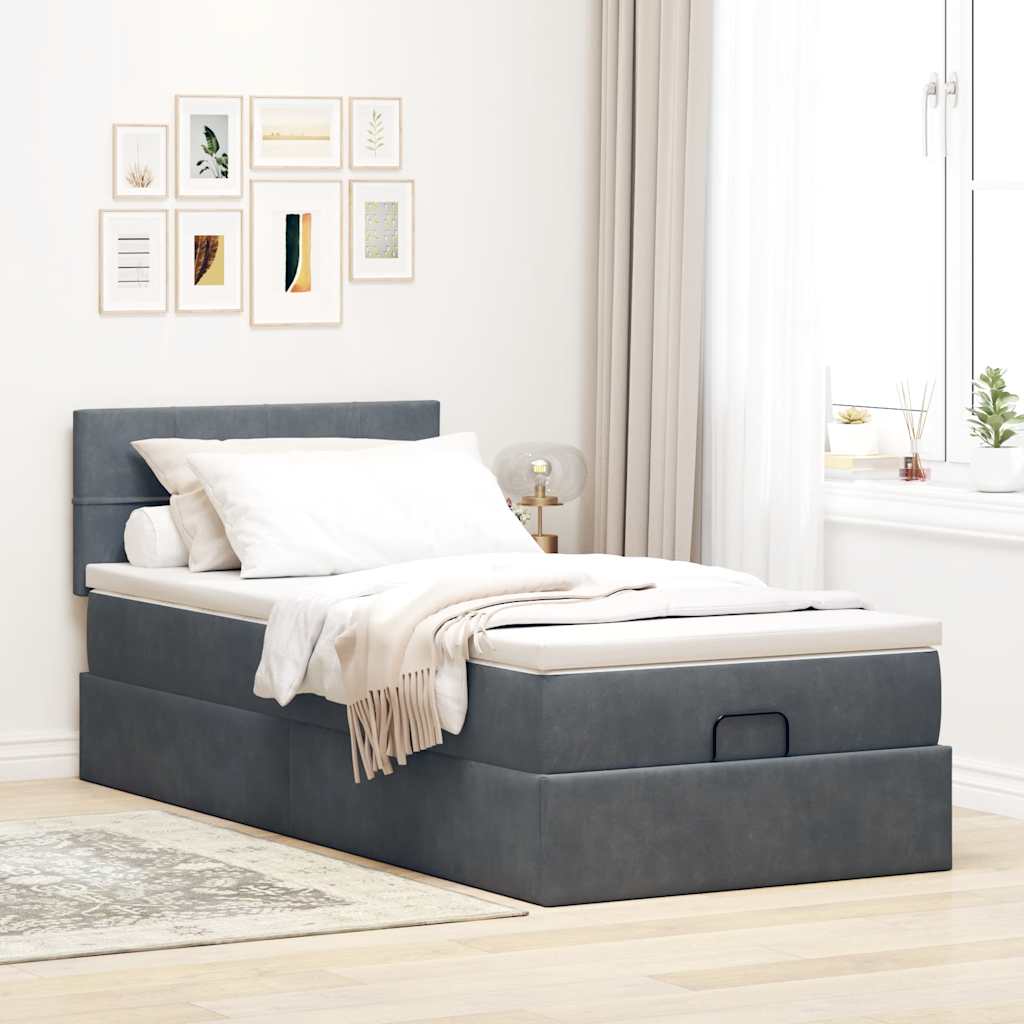 Cadre de lit ottoman avec matelas gris foncé 90x190 cm velours - XIOS