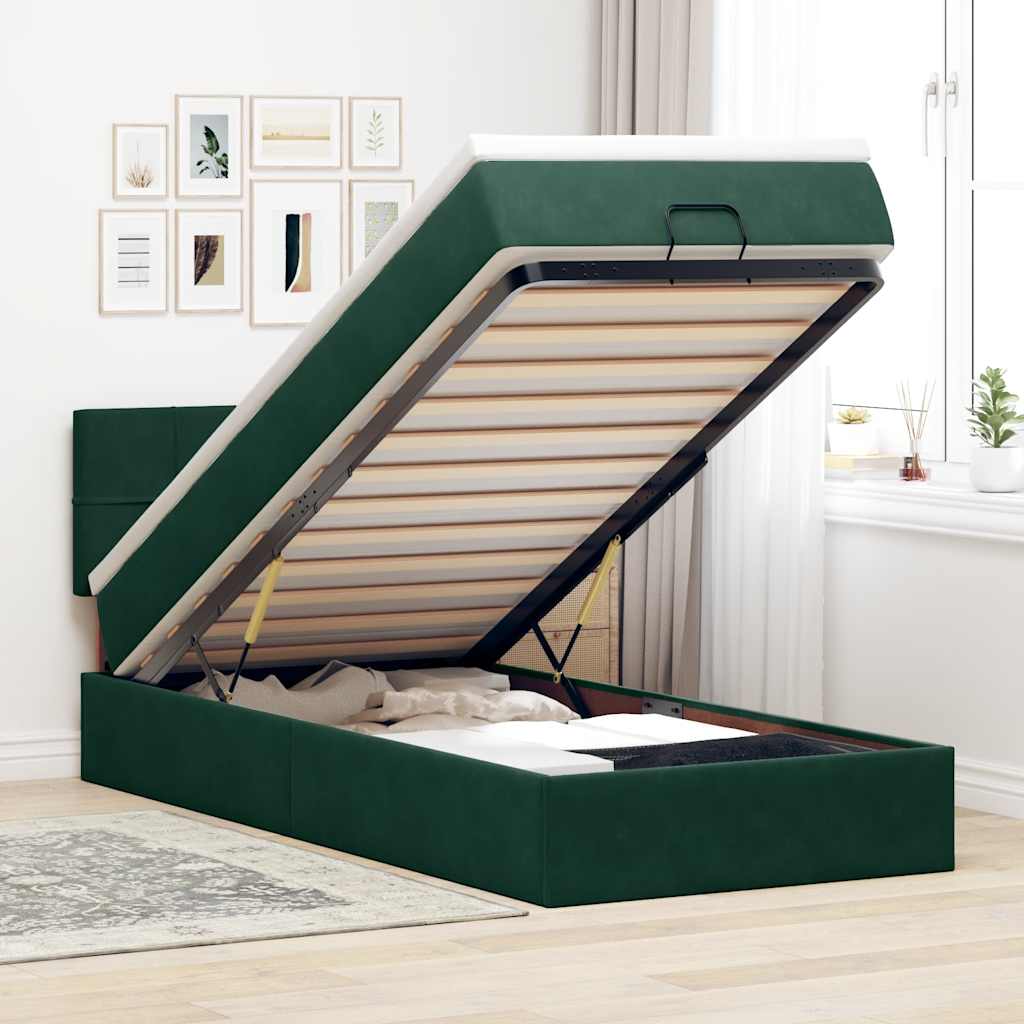 Cadre de lit ottoman avec matelas vert foncé 90x190 cm velours - XIOS