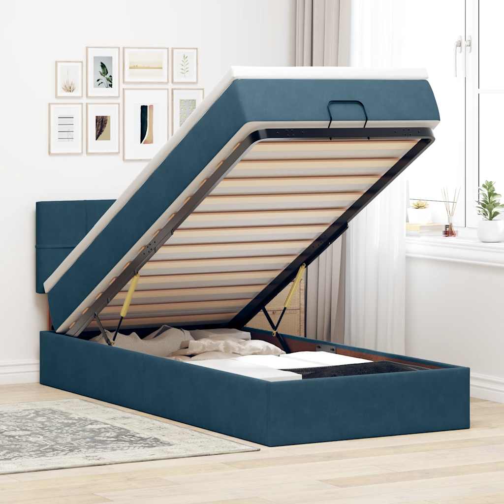 Cadre de lit ottoman avec matelas bleu foncé 90x190 cm velours