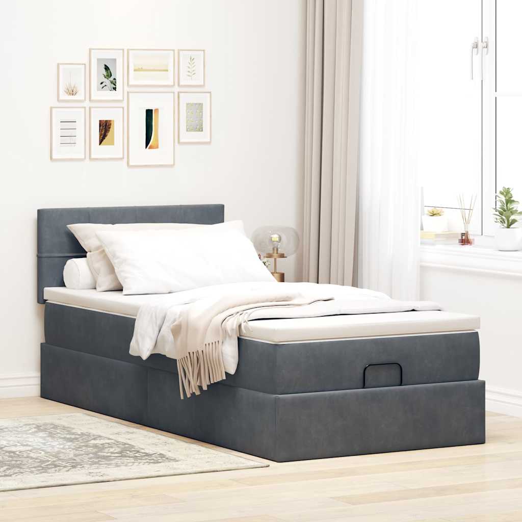 Cadre de lit ottoman et matelas gris foncé 90x200 cm velours - XIOS