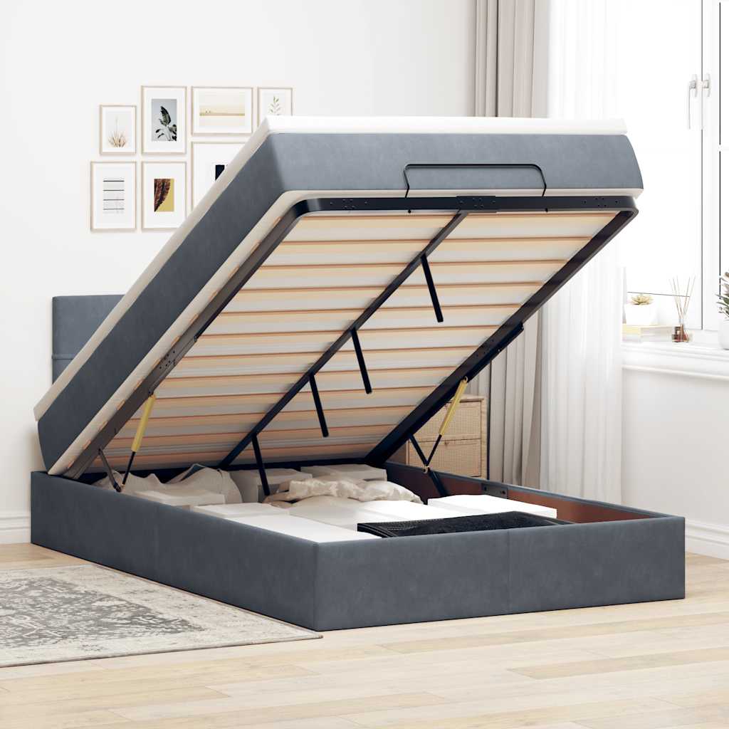 Cadre de lit ottoman et matelas gris foncé 120x200 cm velours - XIOS