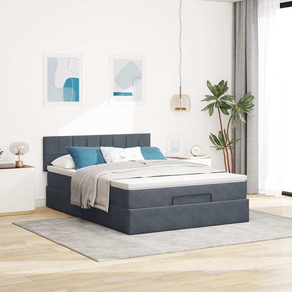 Cadre de lit ottoman avec matelas gris foncé 140x190 cm velours - XIOS