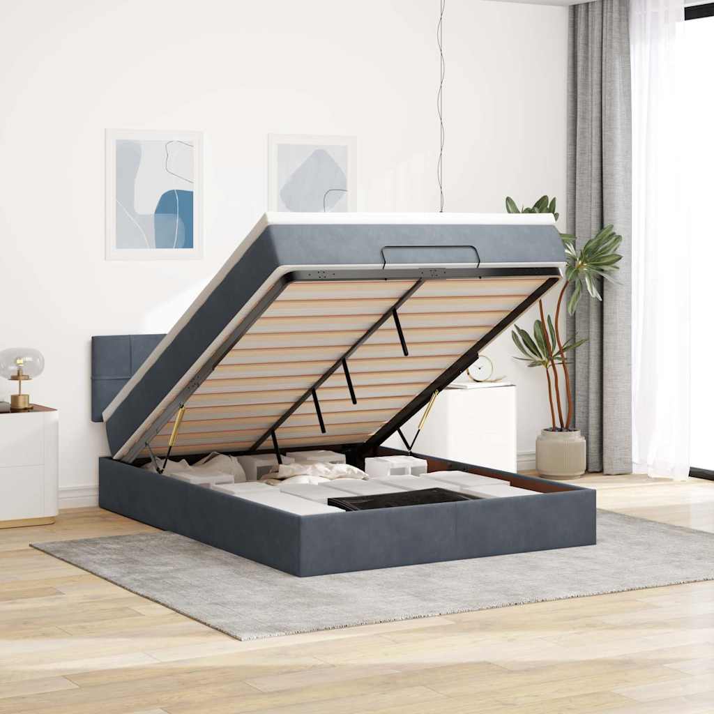 Cadre de lit ottoman avec matelas gris foncé 140x190 cm velours - XIOS