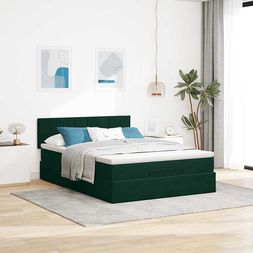 Cadre de lit ottoman avec matelas vert foncé 140x190 cm velours