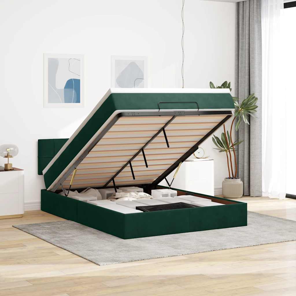 Cadre de lit ottoman avec matelas vert foncé 140x190 cm velours