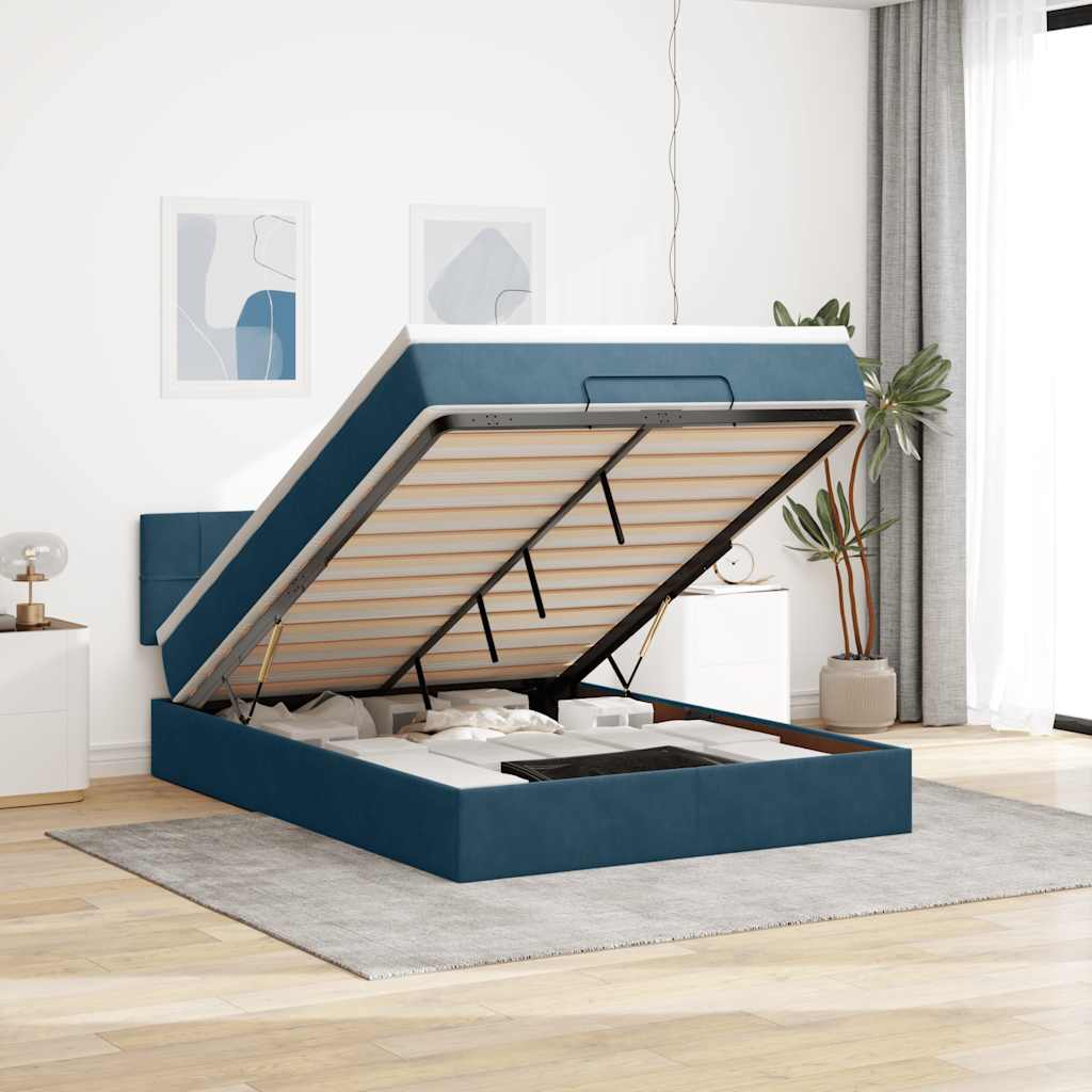 Cadre de lit ottoman avec matelas bleu foncé 140x190 cm velours - XIOS