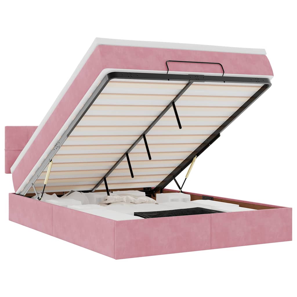 Cadre de lit ottoman avec matelas rose 140x190 cm velours - XIOS
