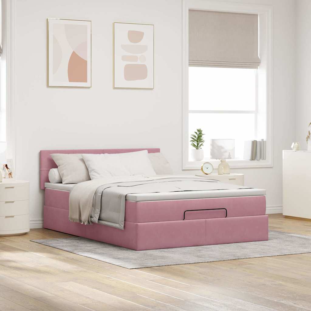 Cadre de lit ottoman avec matelas rose 140x190 cm velours - XIOS