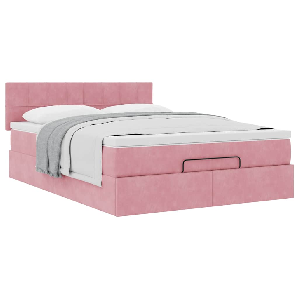 Cadre de lit ottoman avec matelas rose 140x190 cm velours - XIOS