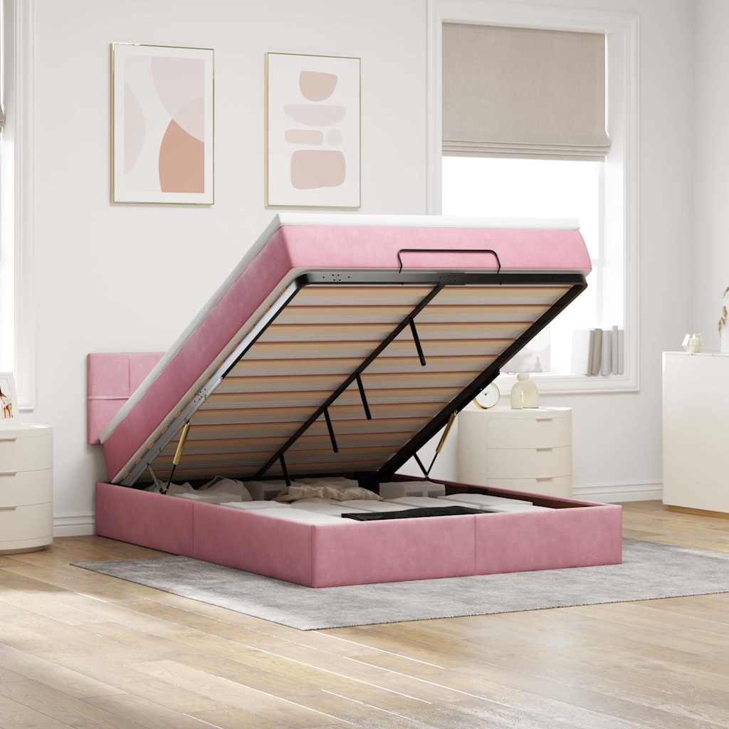 Cadre de lit ottoman avec matelas rose 140x190 cm velours - XIOS