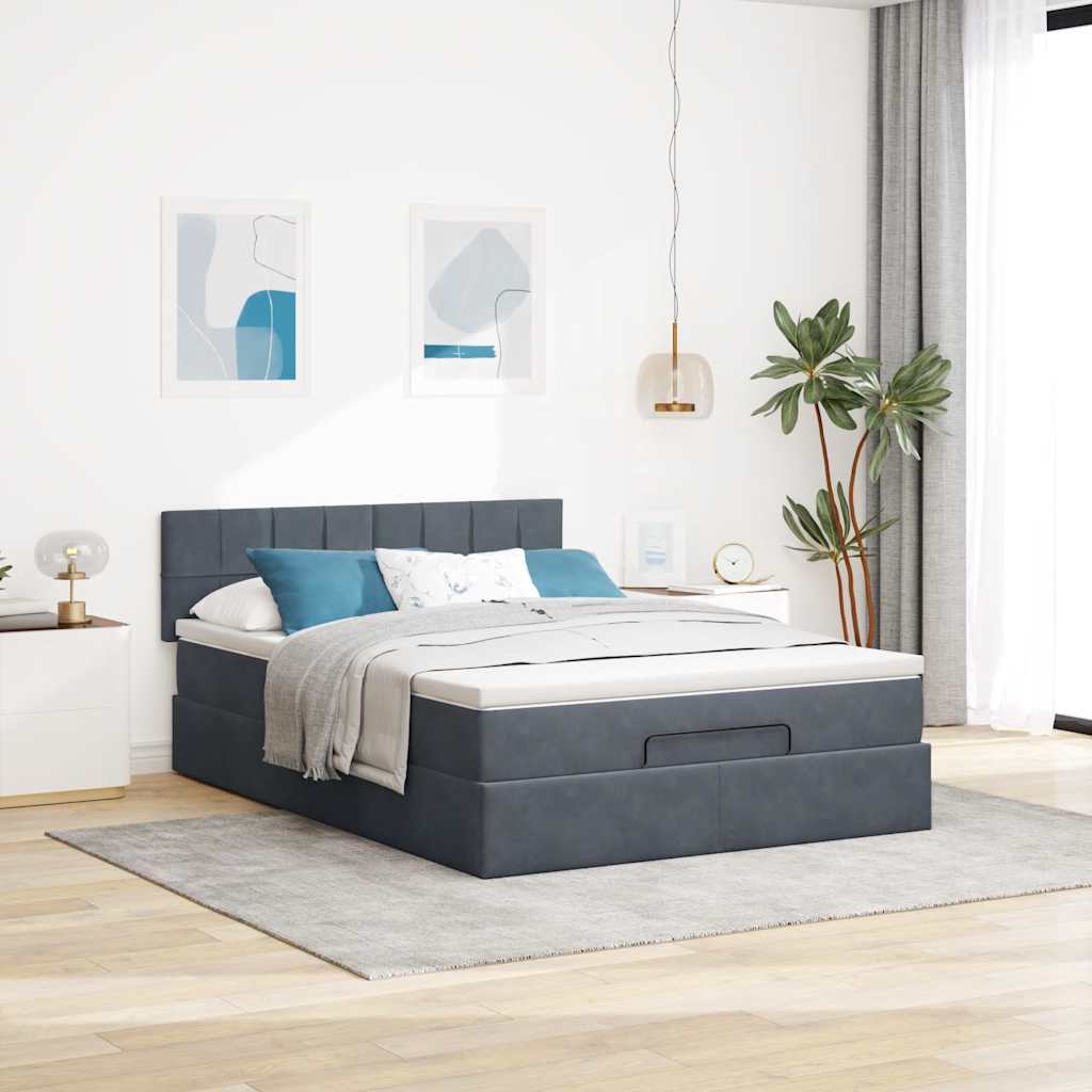 Cadre de lit ottoman avec matelas gris foncé 140x200 cm velours - XIOS