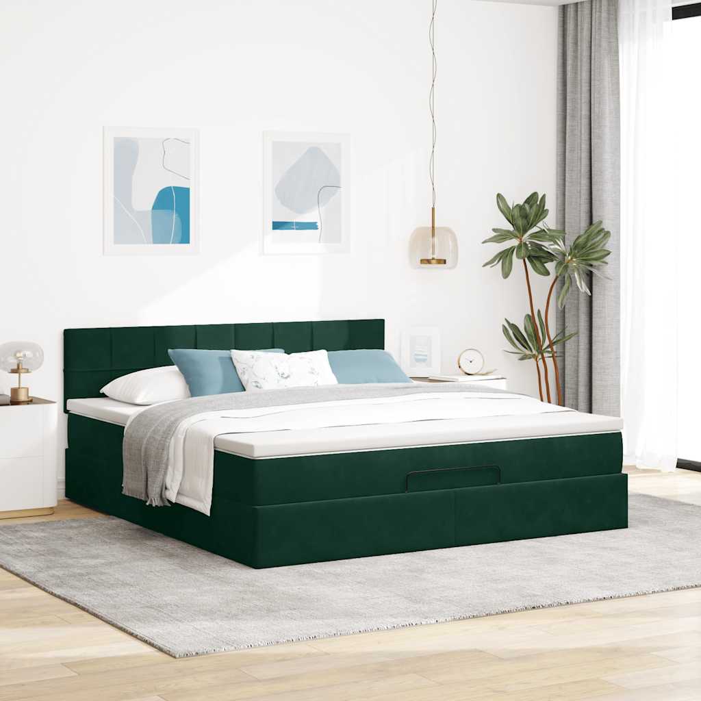 Cadre de lit ottoman avec matelas vert foncé 160x200 cm velours
