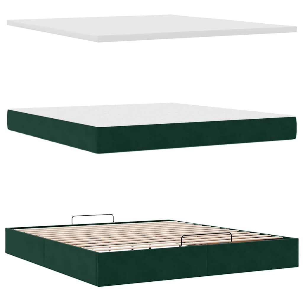 Cadre de lit ottoman avec matelas vert foncé 160x200 cm velours