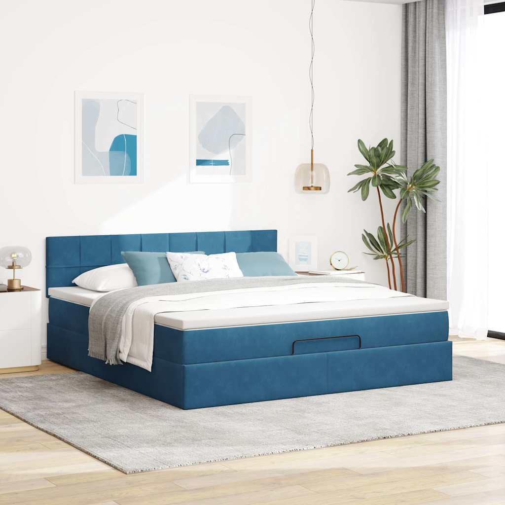 Cadre de lit ottoman avec matelas bleu foncé 160x200 cm velours - XIOS