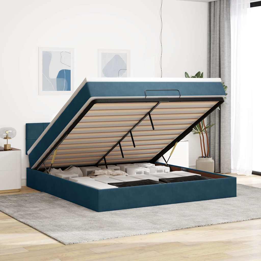 Cadre de lit ottoman avec matelas bleu foncé 180x200 cm velours - XIOS