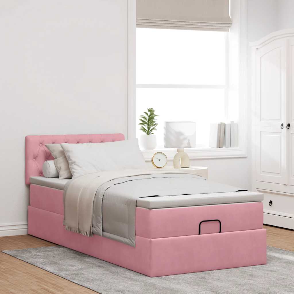 Cadre de lit ottoman avec matelas rose 80x200 cm velours - XIOS