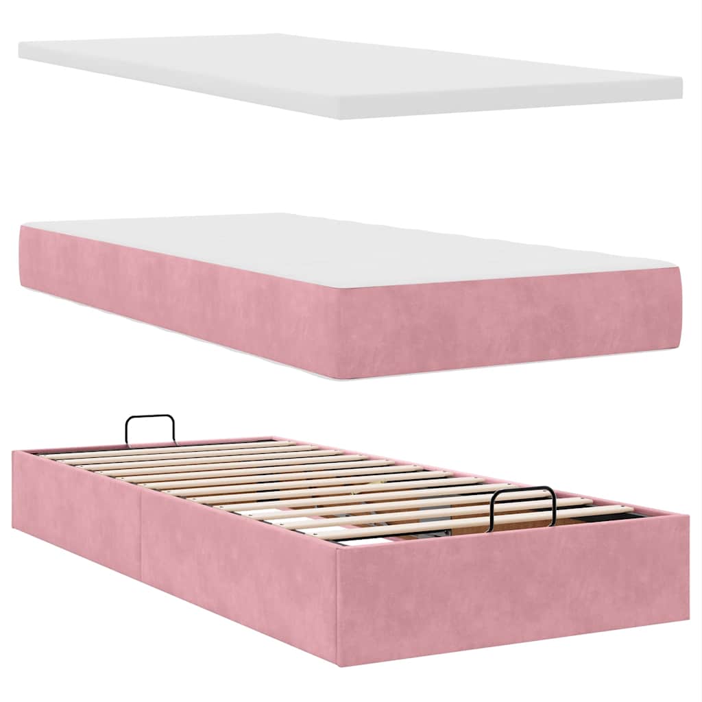 Cadre de lit ottoman avec matelas rose 80x200 cm velours - XIOS