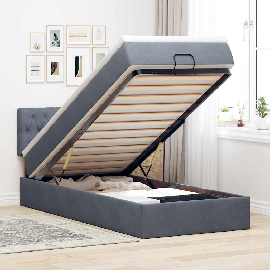 Cadre de lit ottoman avec matelas gris foncé 90x190 cm velours - XIOS