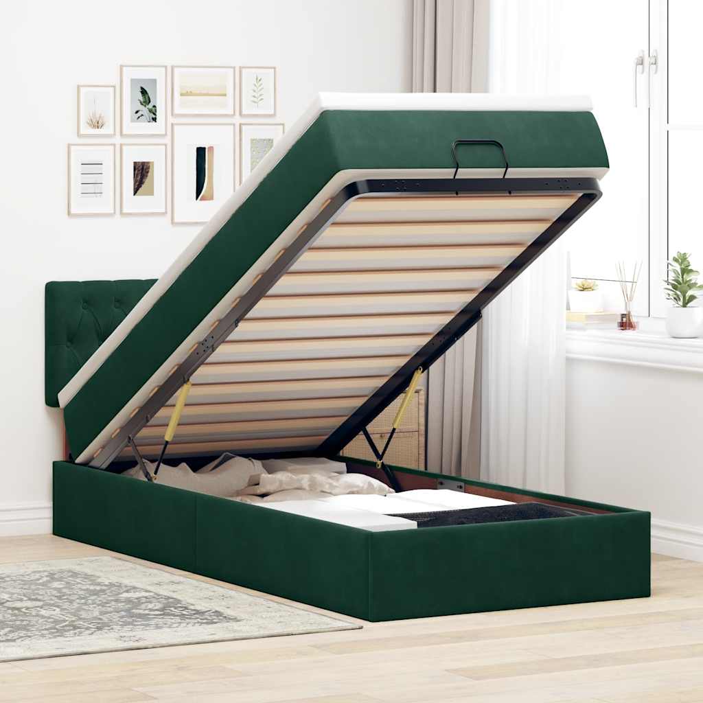 Cadre de lit ottoman avec matelas vert foncé 90x190 cm velours - XIOS