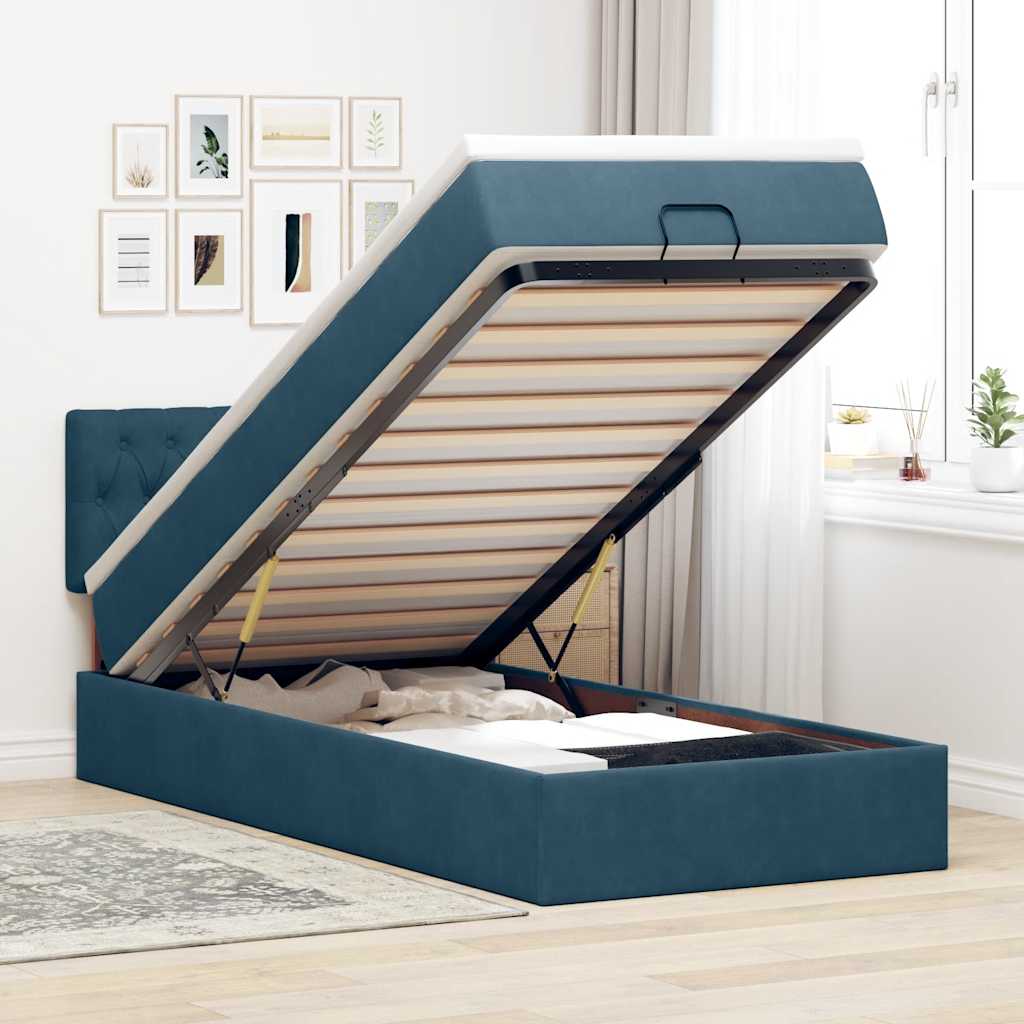 Cadre de lit ottoman avec matelas bleu foncé 90x190 cm velours - XIOS