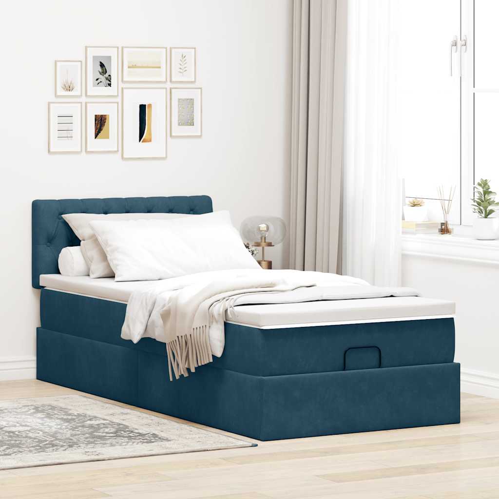 Cadre de lit ottoman avec matelas bleu foncé 90x200 cm velours - XIOS
