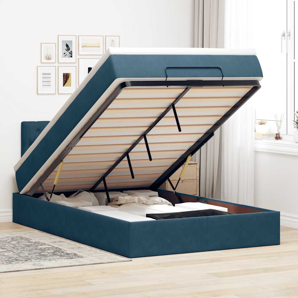 Cadre de lit ottoman avec matelas bleu foncé 120x200 cm velours - XIOS