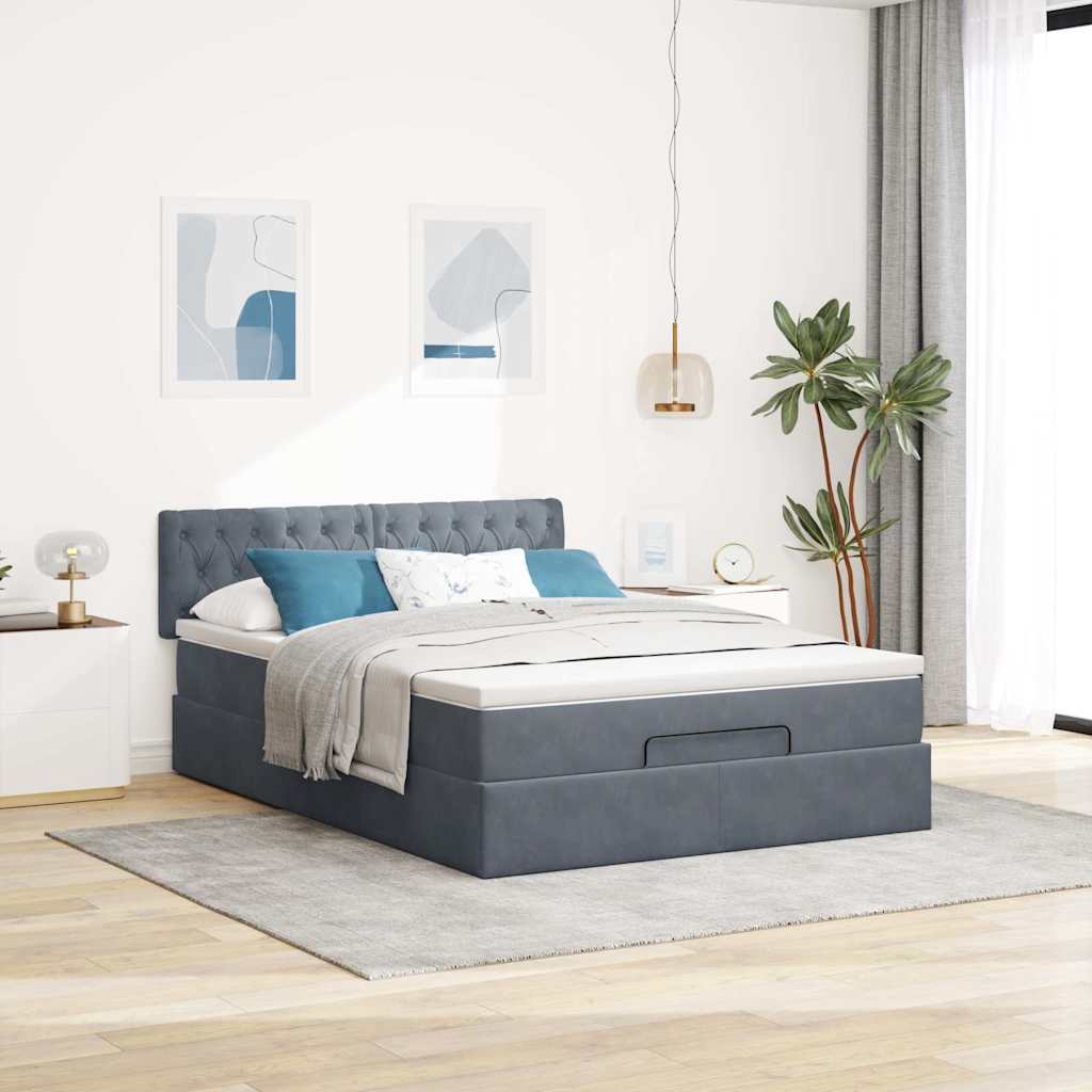 Cadre de lit ottoman avec matelas gris foncé 140x190 cm velours - XIOS