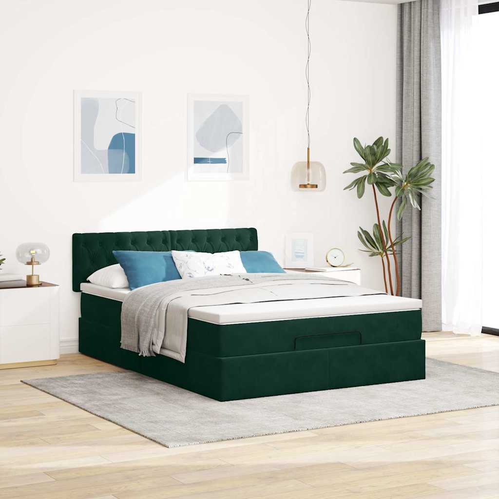 Cadre de lit ottoman avec matelas vert foncé 140x190 cm velours