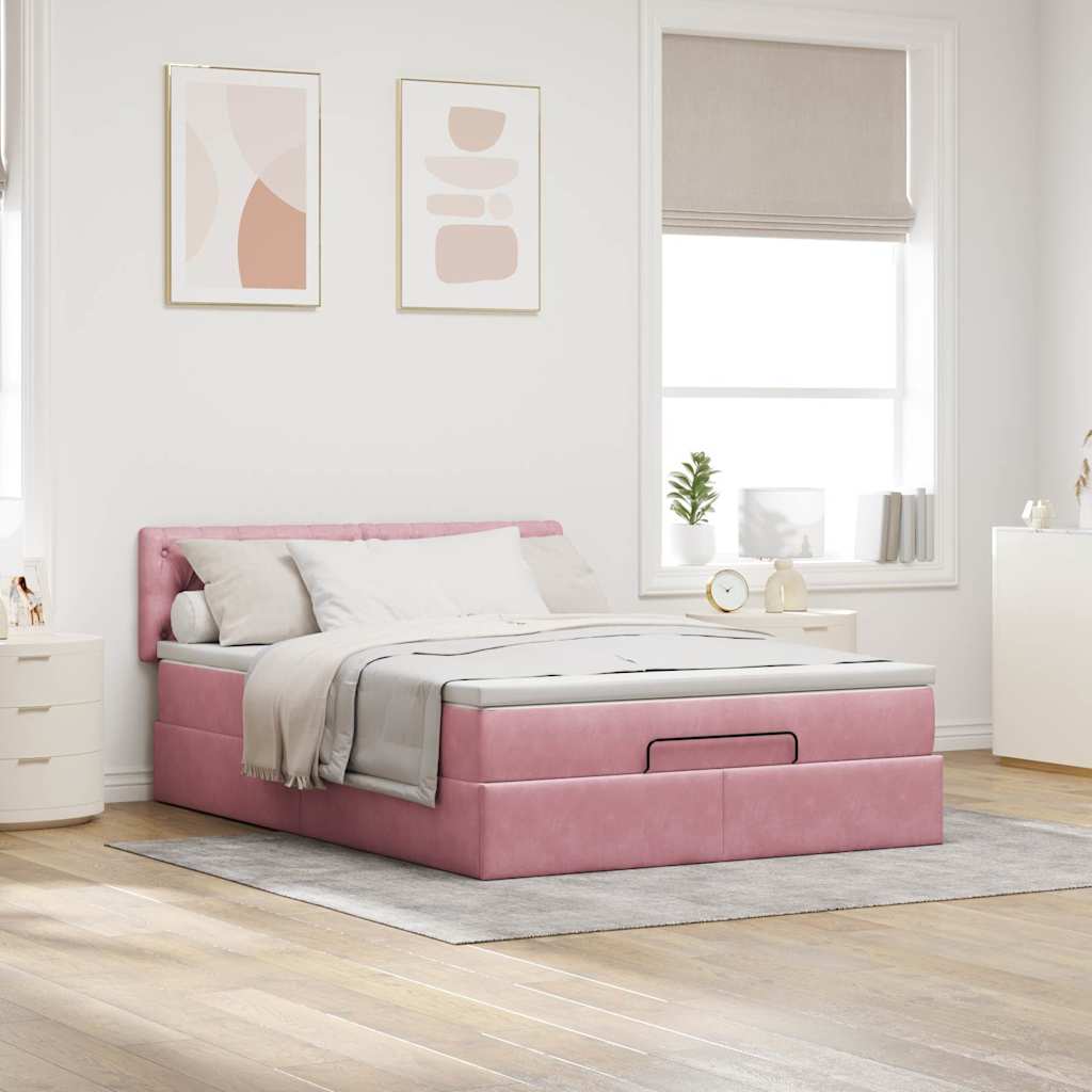 Cadre de lit ottoman avec matelas rose 140x190 cm velours - XIOS