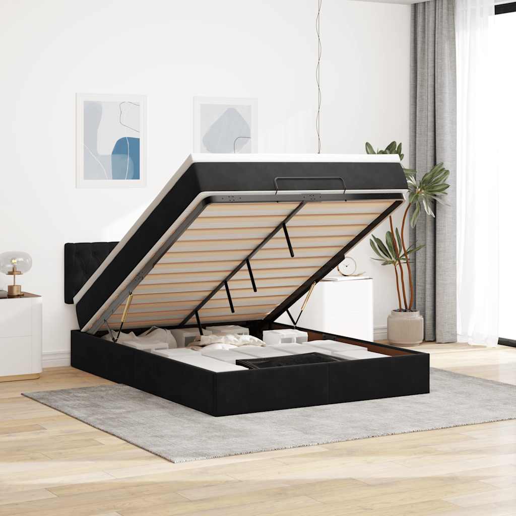 Cadre de lit ottoman avec matelas noir 140x200 cm velours - XIOS