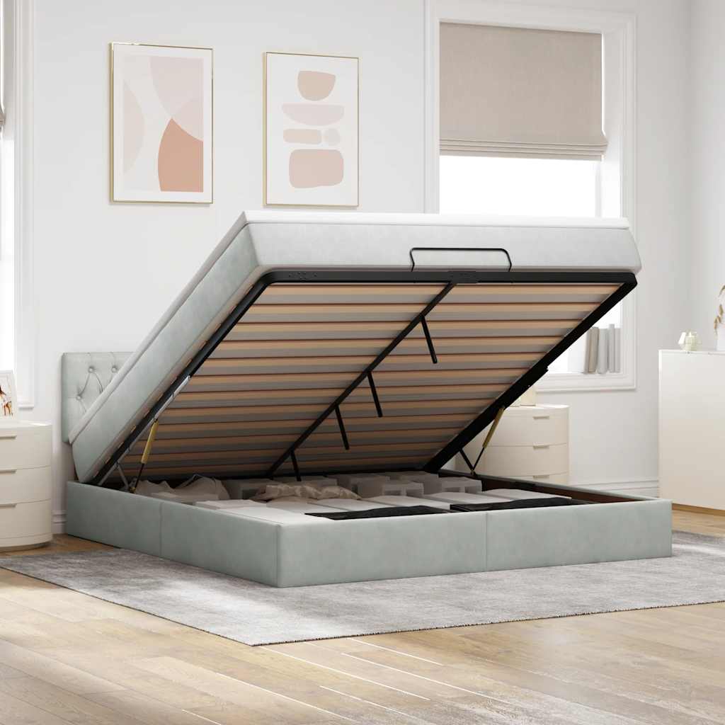Cadre de lit ottoman avec matelas gris clair 160x200 cm velours - XIOS