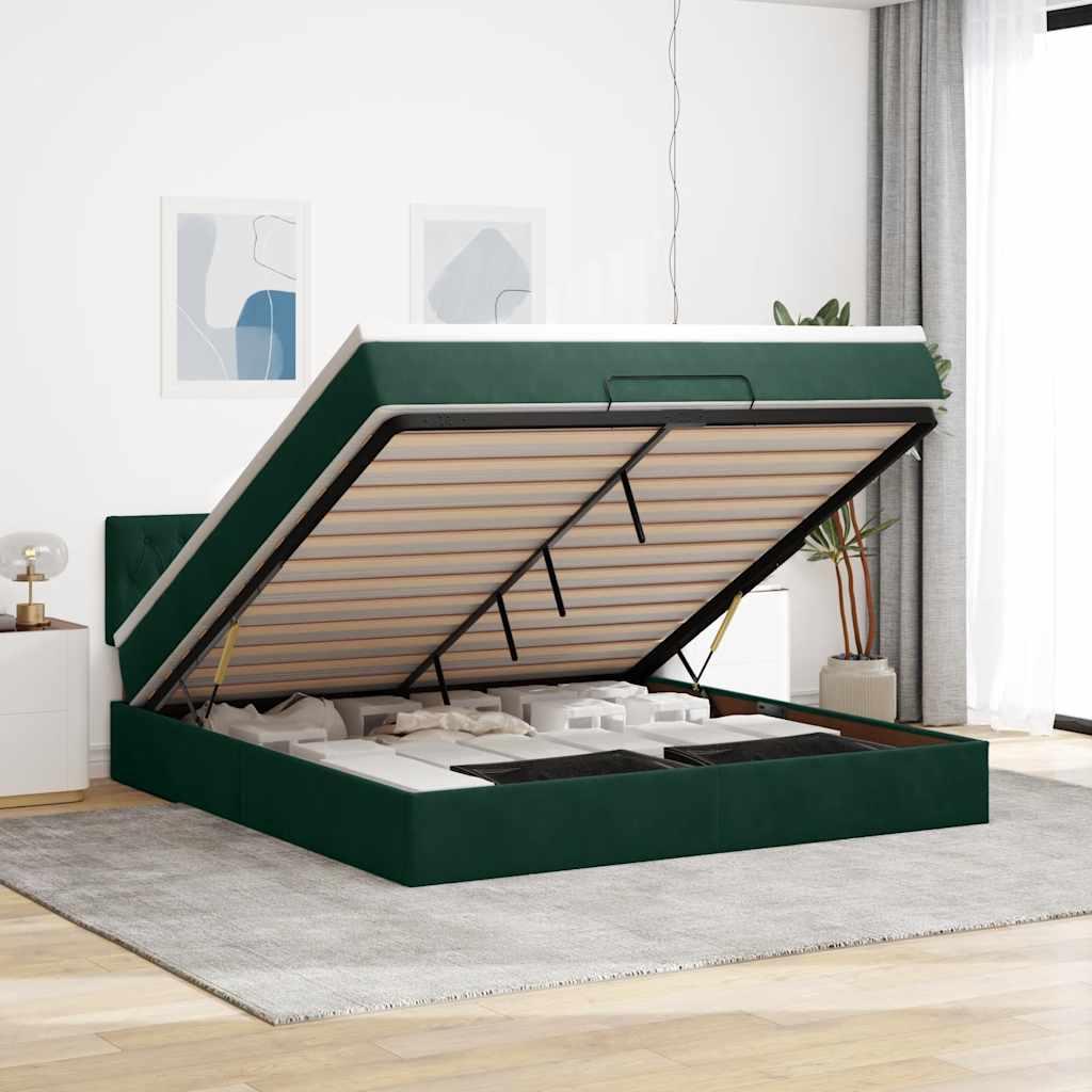Cadre de lit ottoman avec matelas vert foncé 160x200 cm velours