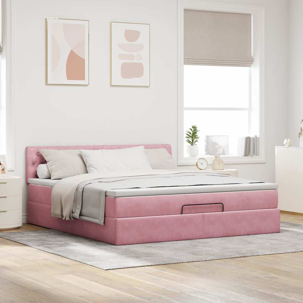 Cadre de lit ottoman avec matelas rose 160x200 cm velours - XIOS