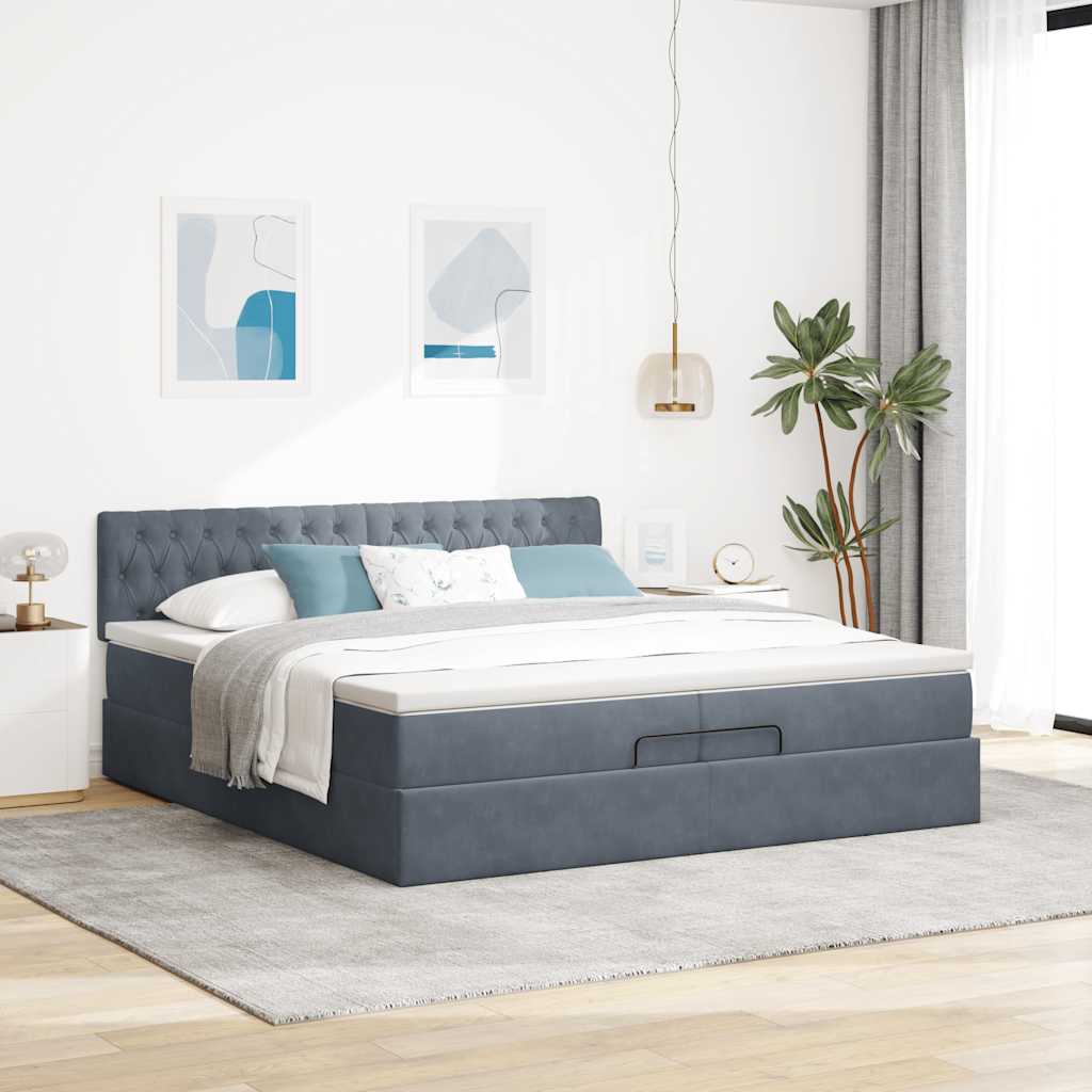 Cadre de lit ottoman avec matelas gris foncé 200x200 cm velours - XIOS