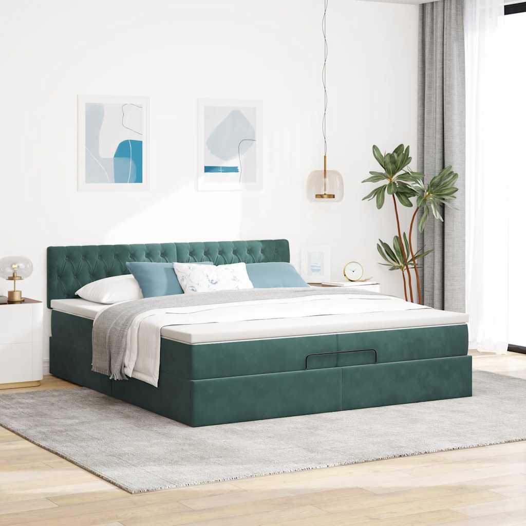 Cadre de lit ottoman avec matelas vert foncé 200x200 cm velours - XIOS
