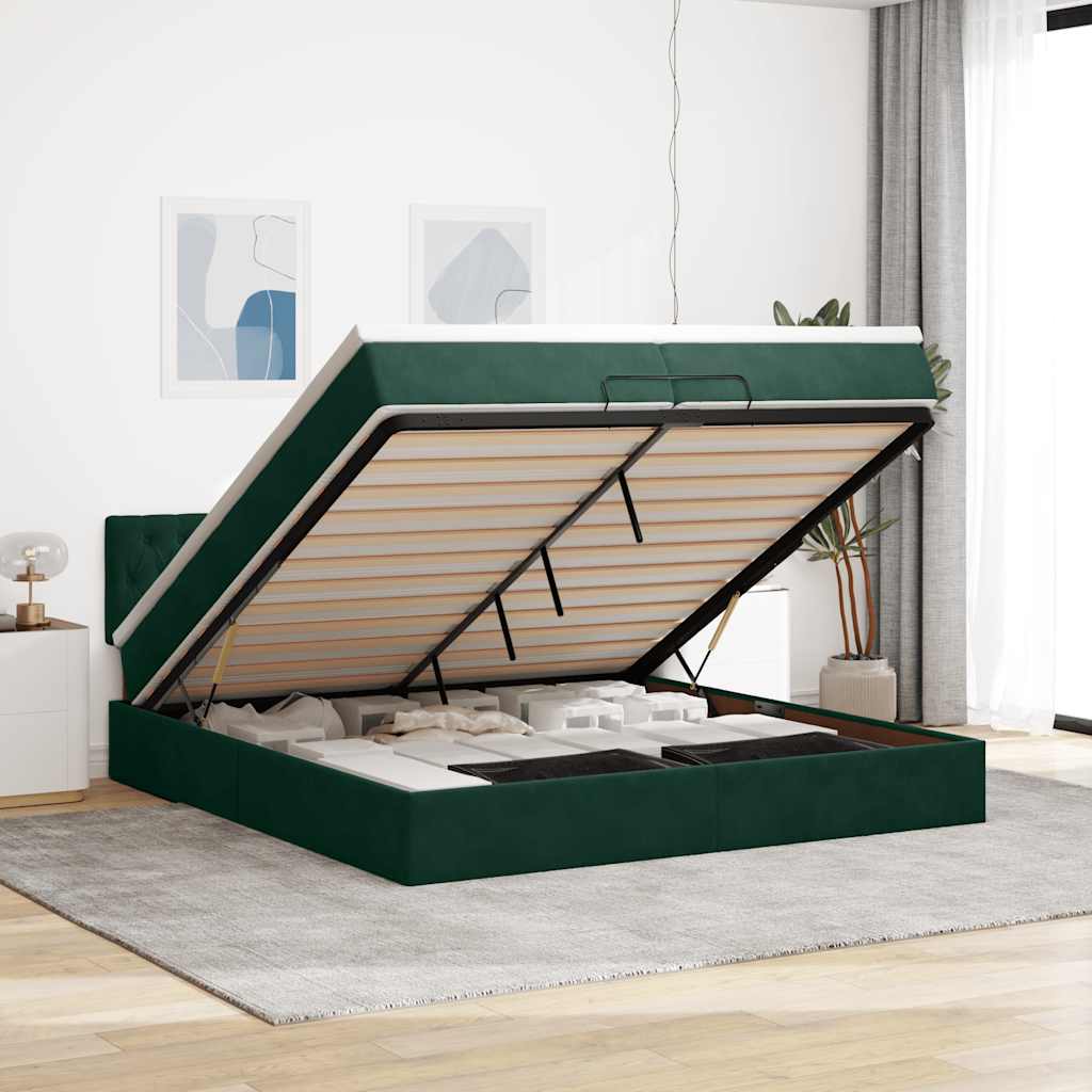 Cadre de lit ottoman avec matelas vert foncé 200x200 cm velours - XIOS