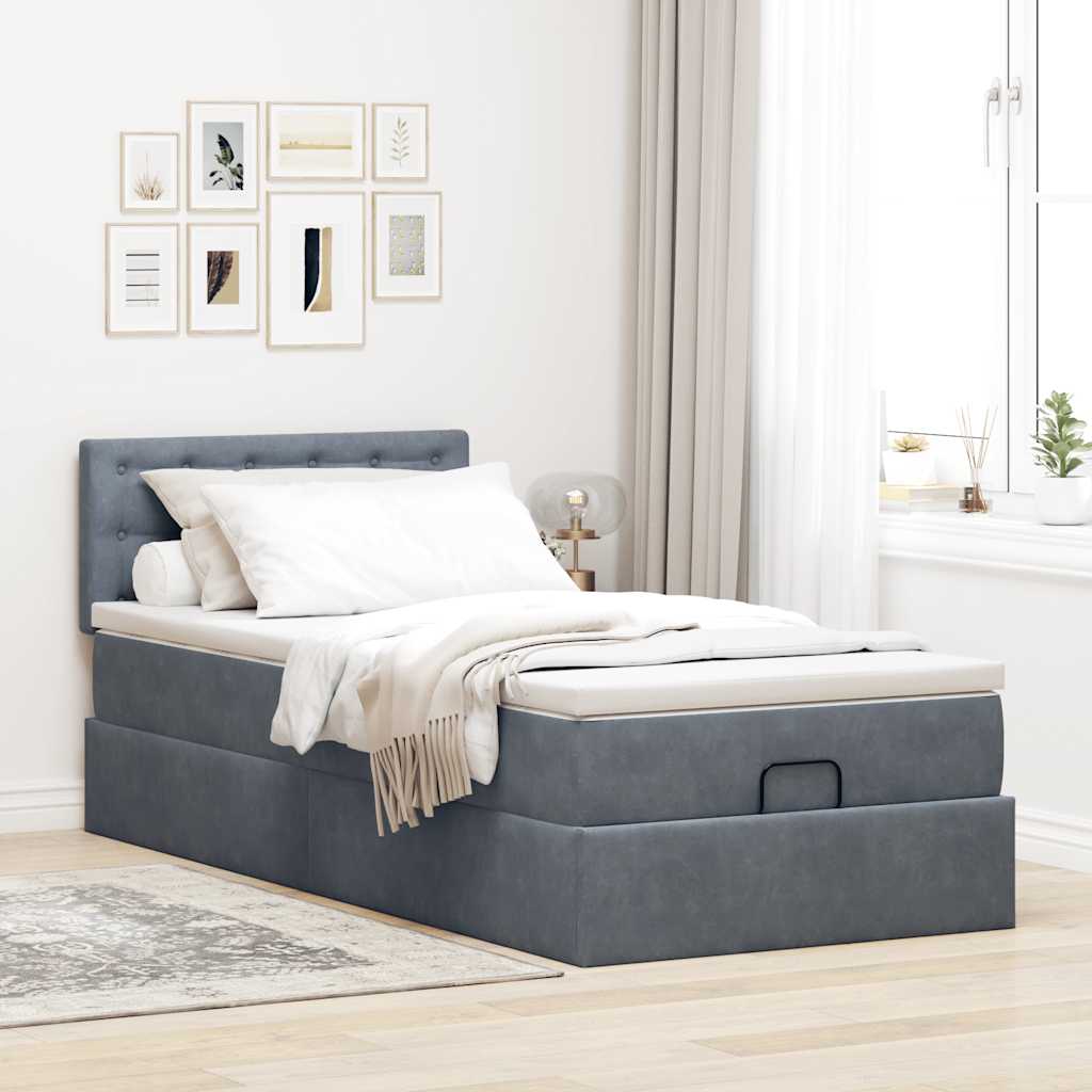 Cadre de lit ottoman avec matelas gris foncé 80x200 cm velours - XIOS