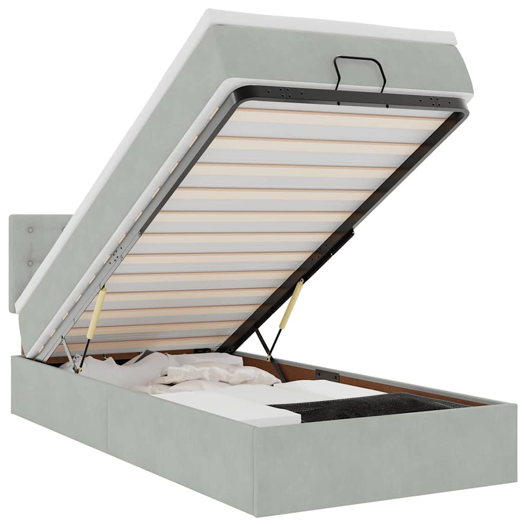 Cadre de lit ottoman et matelas gris clair 90x190 cm velours - XIOS