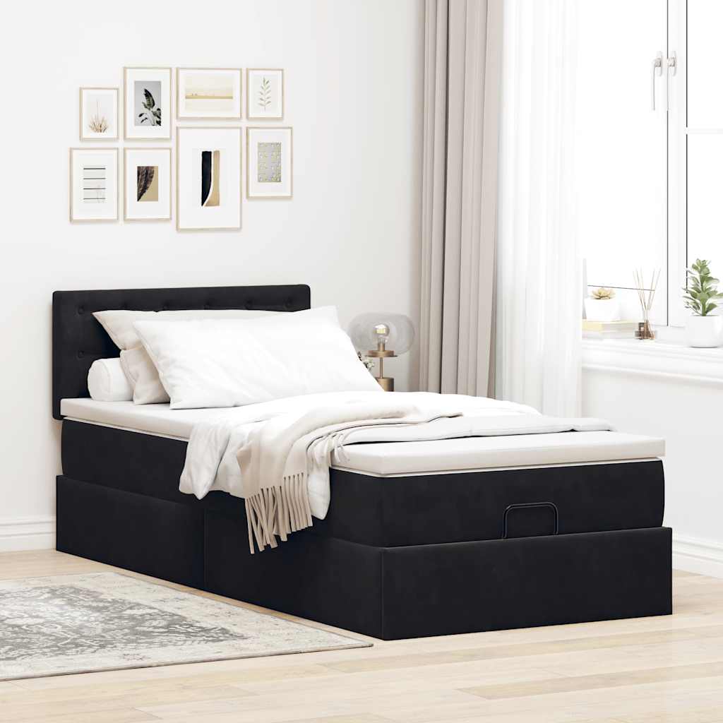 Cadre de lit ottoman avec matelas noir 90x190 cm velours - XIOS