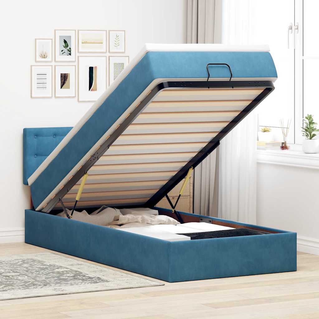 Cadre de lit ottoman avec matelas bleu foncé 90x190 cm velours - XIOS