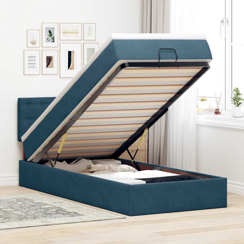 Cadre de lit ottoman avec matelas bleu foncé 90x190 cm velours - XIOS