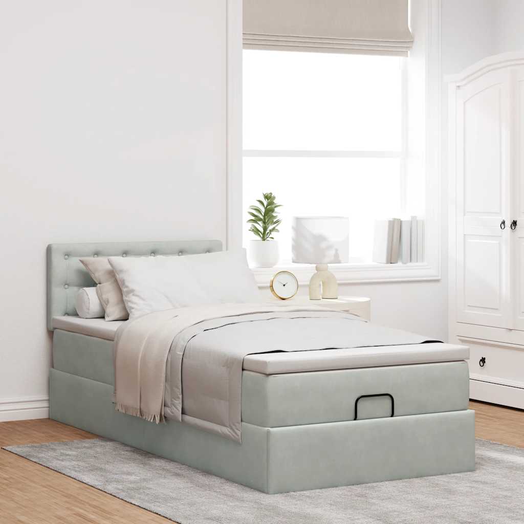 Cadre de lit ottoman et matelas gris clair 90x200 cm velours - XIOS