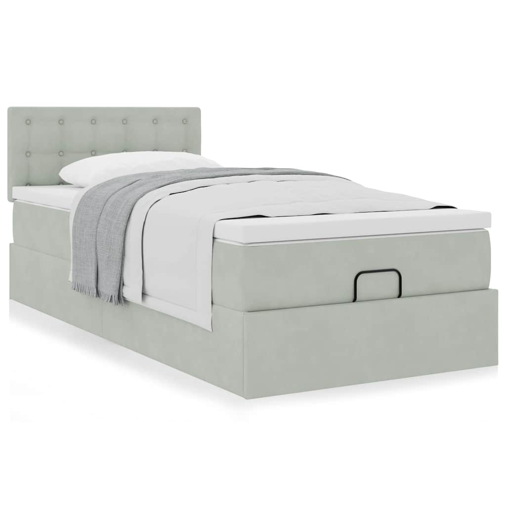 Cadre de lit ottoman et matelas gris clair 90x200 cm velours - XIOS