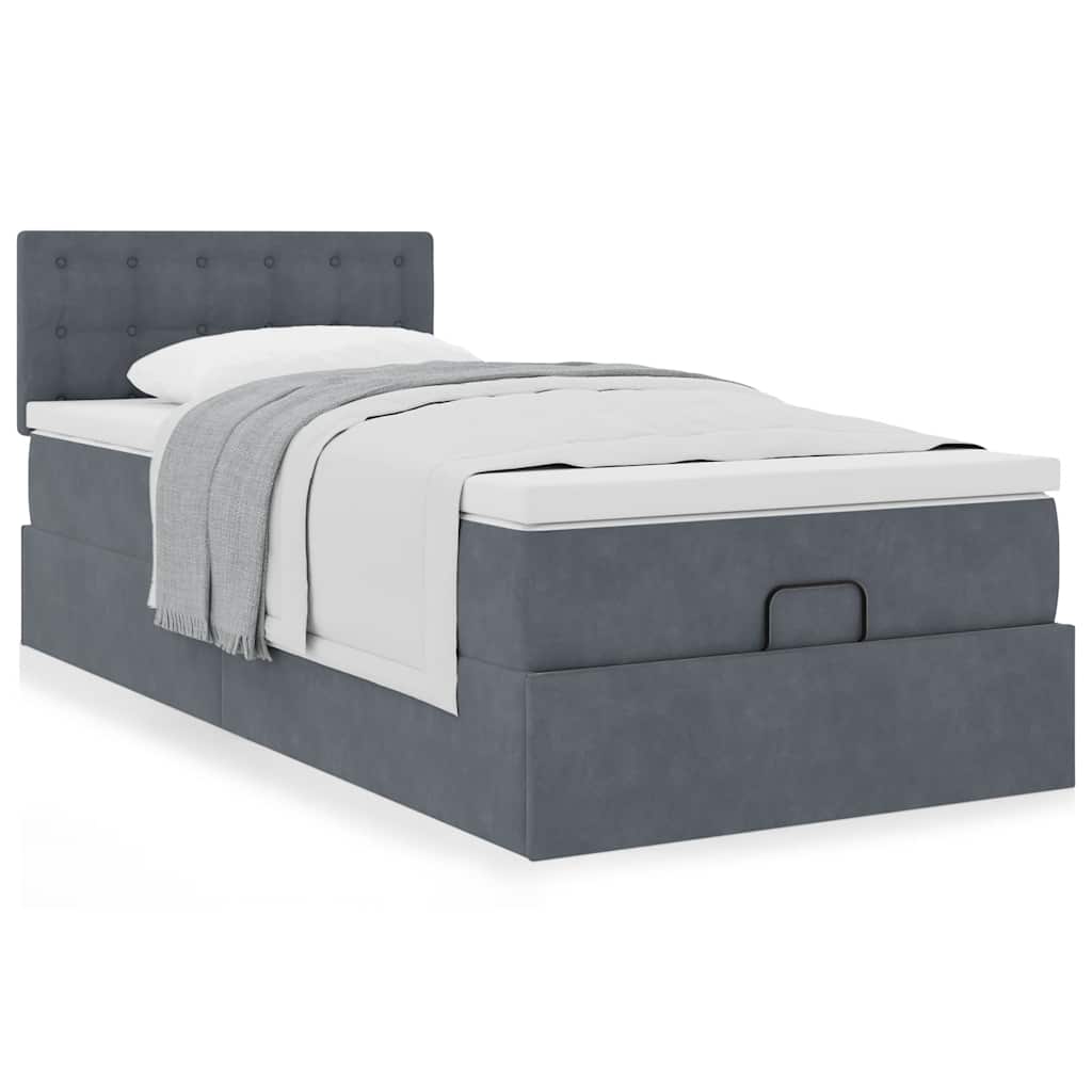 Cadre de lit ottoman et matelas gris foncé 90x200 cm velours - XIOS