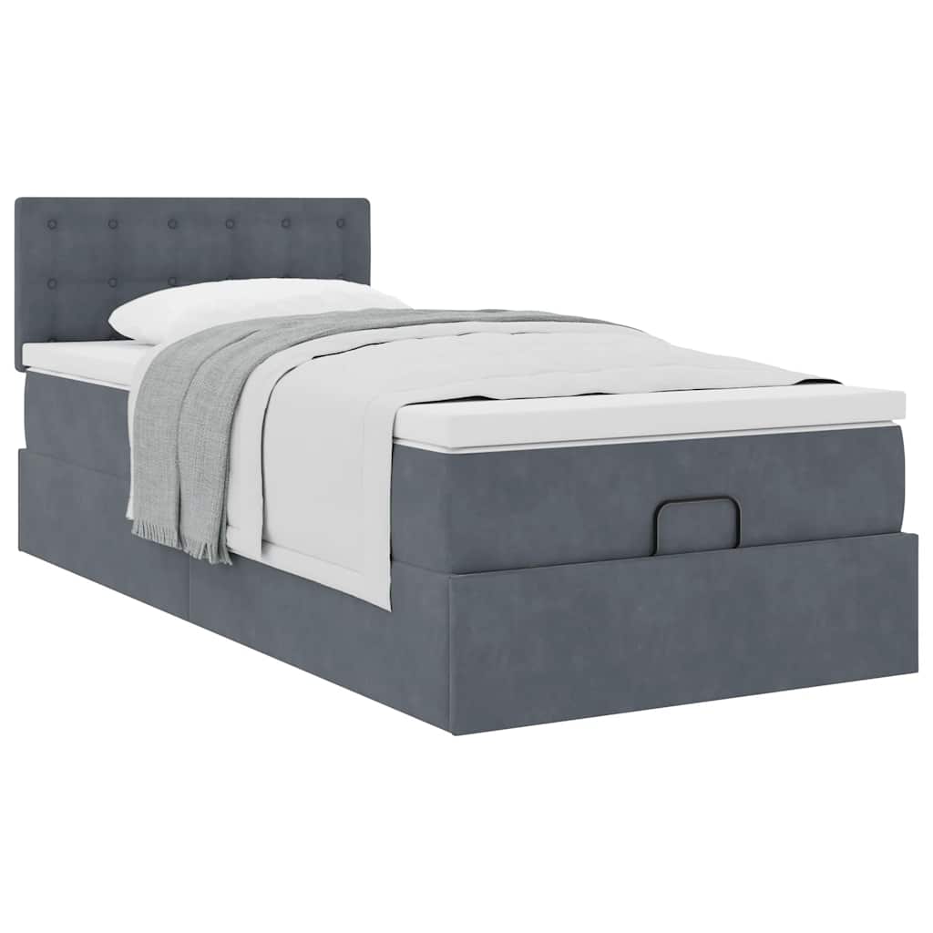 Cadre de lit ottoman et matelas gris foncé 90x200 cm velours - XIOS