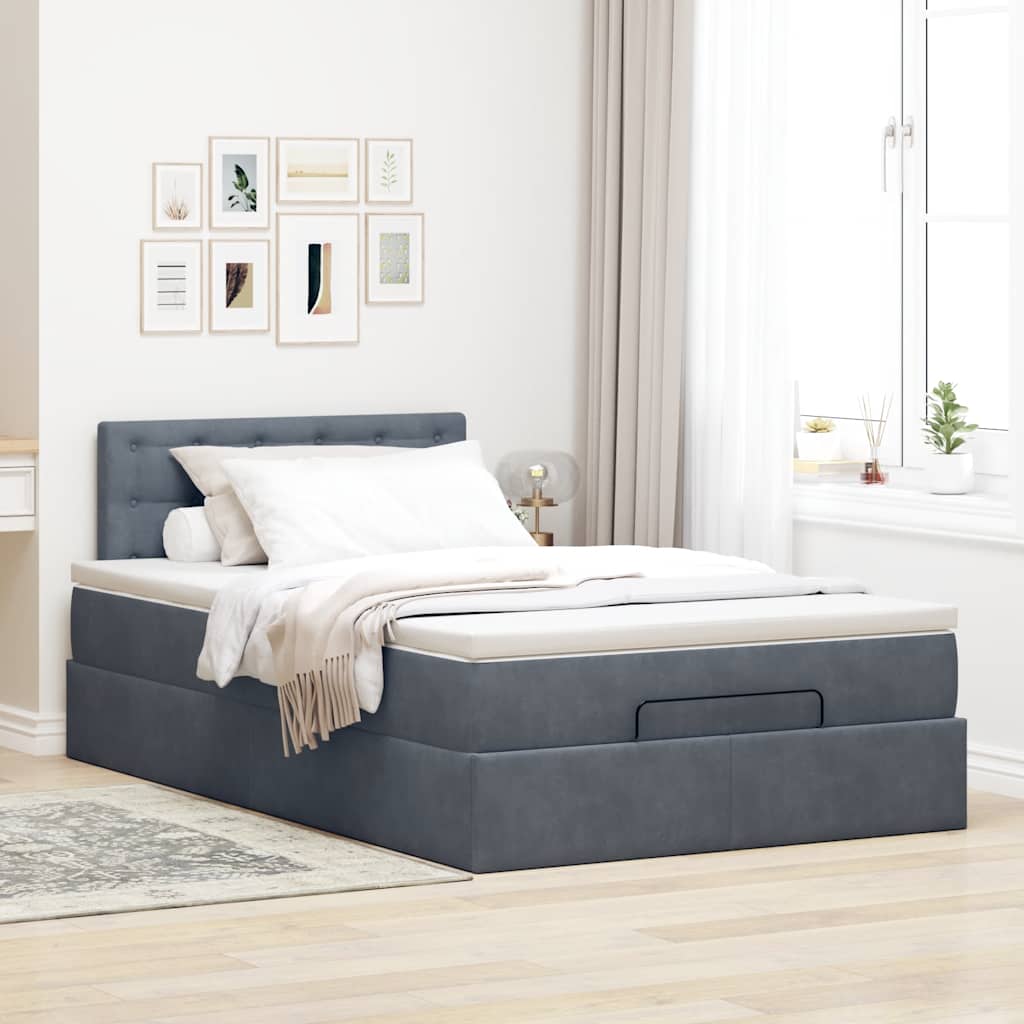 Cadre de lit ottoman et matelas gris foncé 120x200 cm velours - XIOS