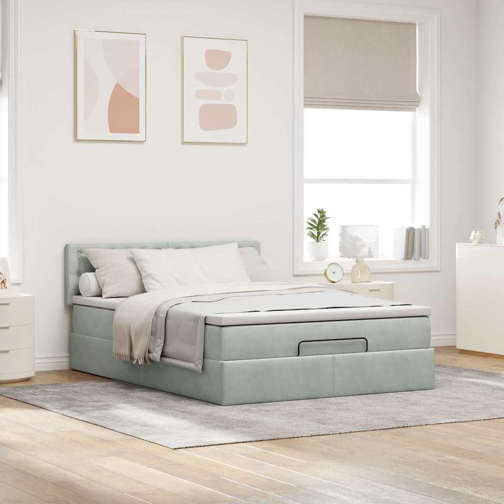 Cadre de lit ottoman et matelas gris clair 140x190 velours - XIOS